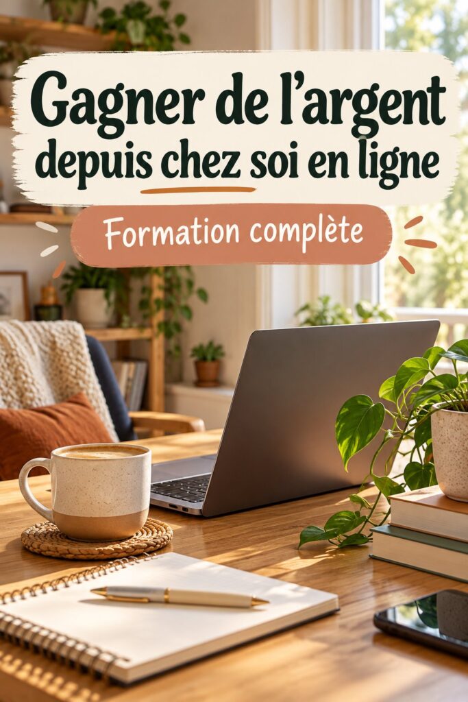 Une femme souriante utilisant son ordinateur pour suivre un cours en ligne à la maison sur des opportunités de revenus.