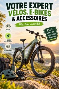 Femme heureuse testant un vélo électrique sur un chemin en pleine nature.