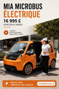 Le Mia Electric Microbus exposé dans un environnement urbain, illustrant son design moderne et attractif.
