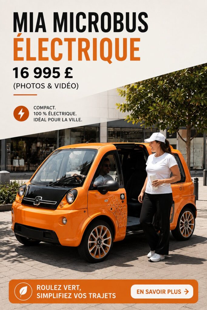 Le Mia Electric Microbus exposé dans un environnement urbain, illustrant son design moderne et attractif.