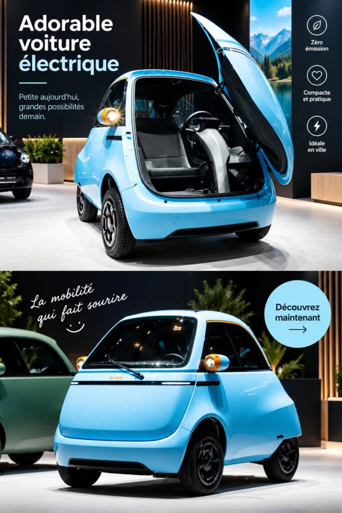 Micro-voiture électrique en milieu urbain, accent sur son design moderne et compact.