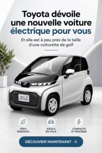 Nouvelle voiture électrique de Toyota, compacte et moderne, vue de profil.