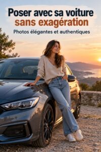 Femme posant avec une voiture électrique dans un cadre naturel, style élégant et naturel.