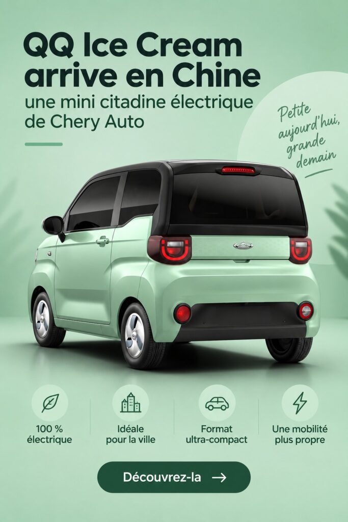 Le QQ Ice Cream, un mini EV charmant aux couleurs vives parké en ville.