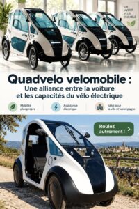 Un Quadvelo sur une route, combinant l'apparence d'une voiture et d'un vélo électrique