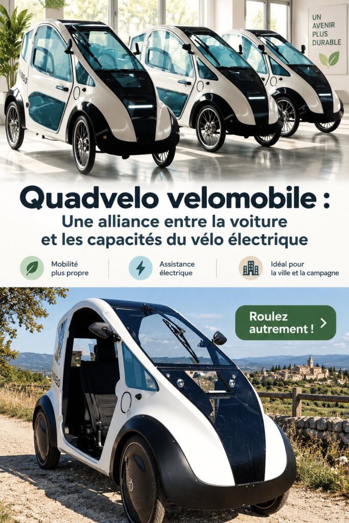 Un Quadvelo sur une route, combinant l'apparence d'une voiture et d'un vélo électrique