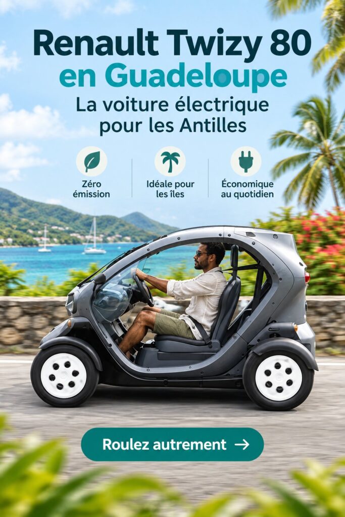 Renault Twizy 80 en plein paysage guadeloupéen, parfait pour une conduite électrique.