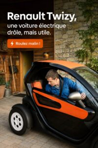 Renault Twizy garé dans une rue urbaine, mettant en avant son design compact et moderne.