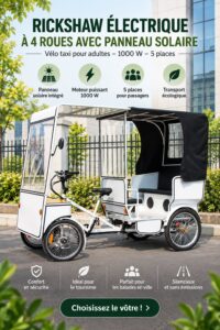 Image d'une rickshaw solaire sur une rue animée, illustrant une solution de mobilité innovante.