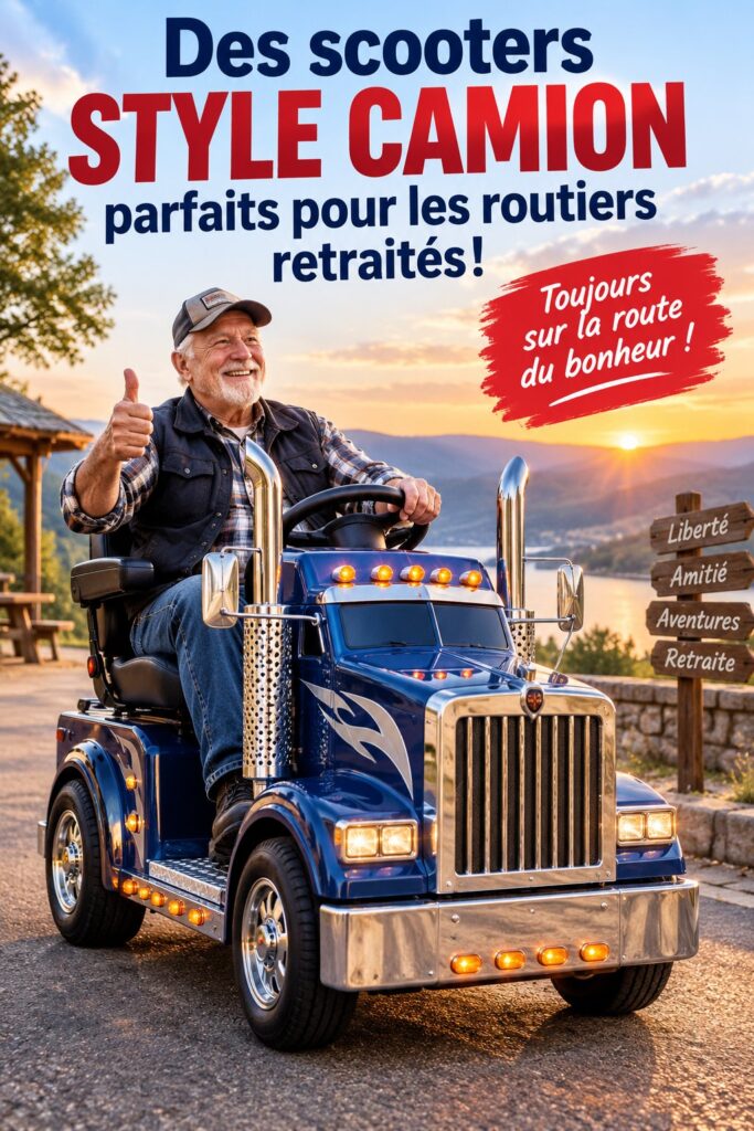 Des anciens camionneurs profitant d'un scooter de mobilité dans un parc.
