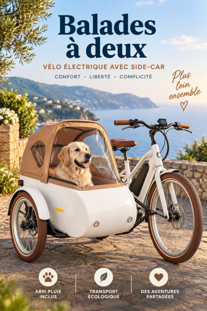 Un sidecar électrique à la finition blanche associée à une capote tan, parfait pour les balades estivales.
