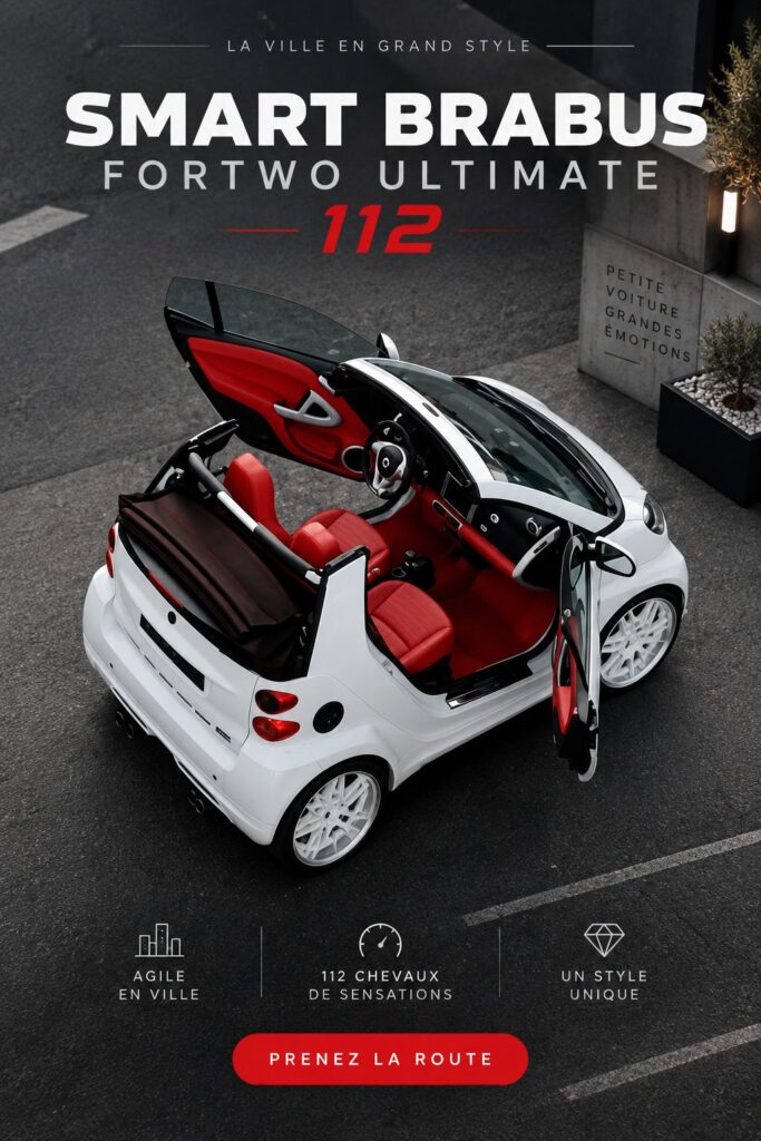 Vue de la Smart Brabus Fortwo Ultimate 112 garée dans un environnement urbain, mettant en avant son design élégant.
