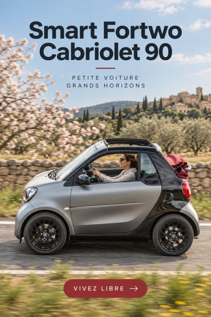 La Smart Fortwo Cabrio 90 garée dans un cadre urbain moderne, attirant l'attention par son design élégant.