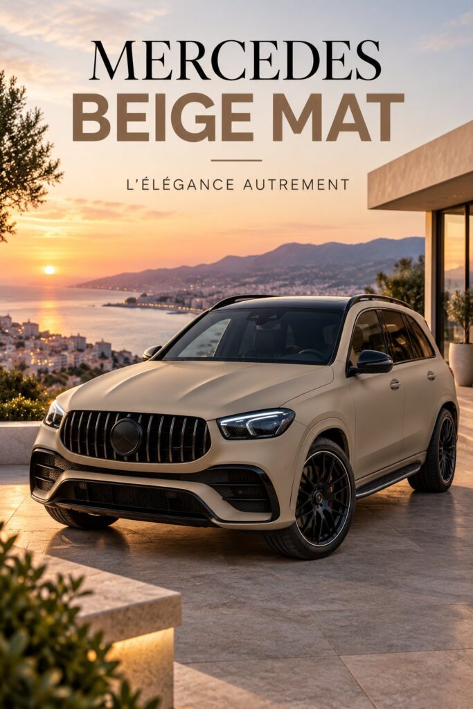 SUV de luxe beige mat de Mercedes garé dans un paysage urbain moderne.