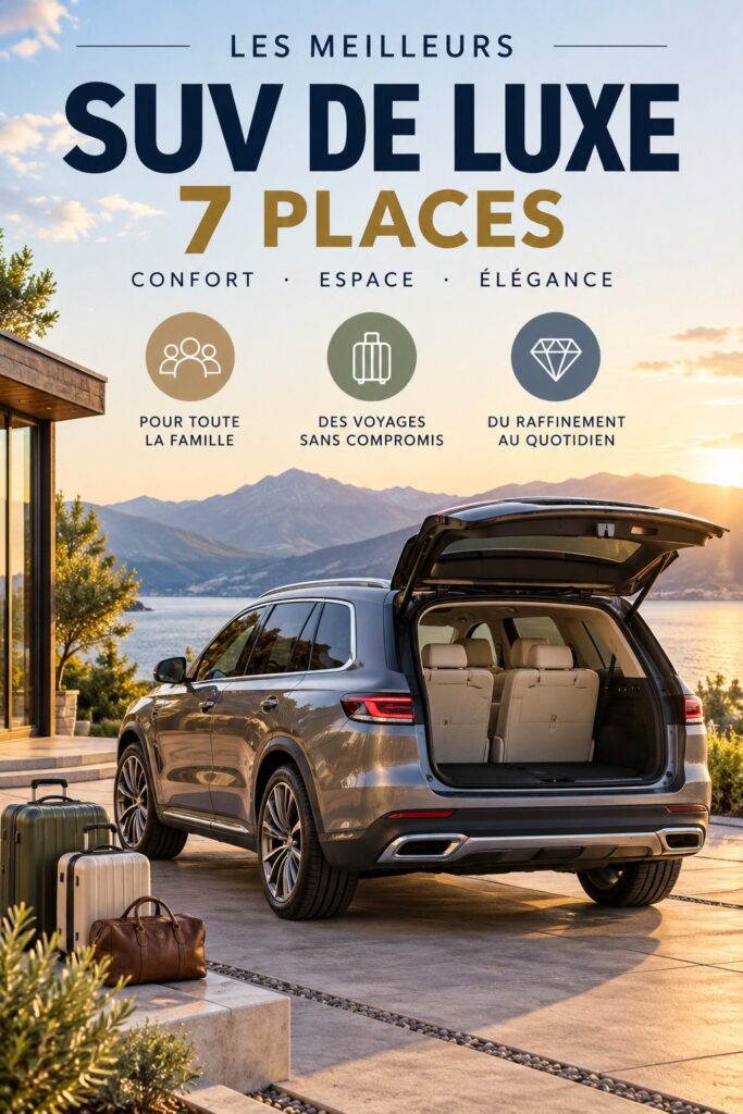 Un SUV de luxe moderne garé devant une maison familiale, prêt pour une aventure.