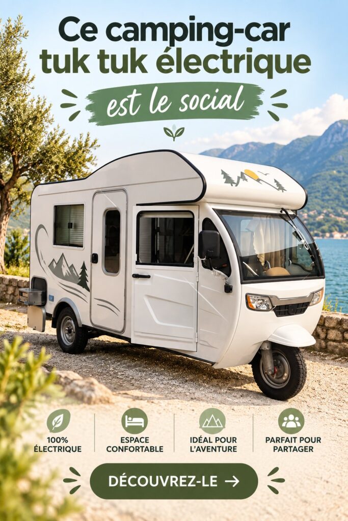 Tuk Tuk électrique garé dans un cadre naturel, prêt pour une aventure écologique.