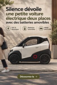 Une voiture électrique à deux places de Silence avec batteries amovibles, sur fond urbain.