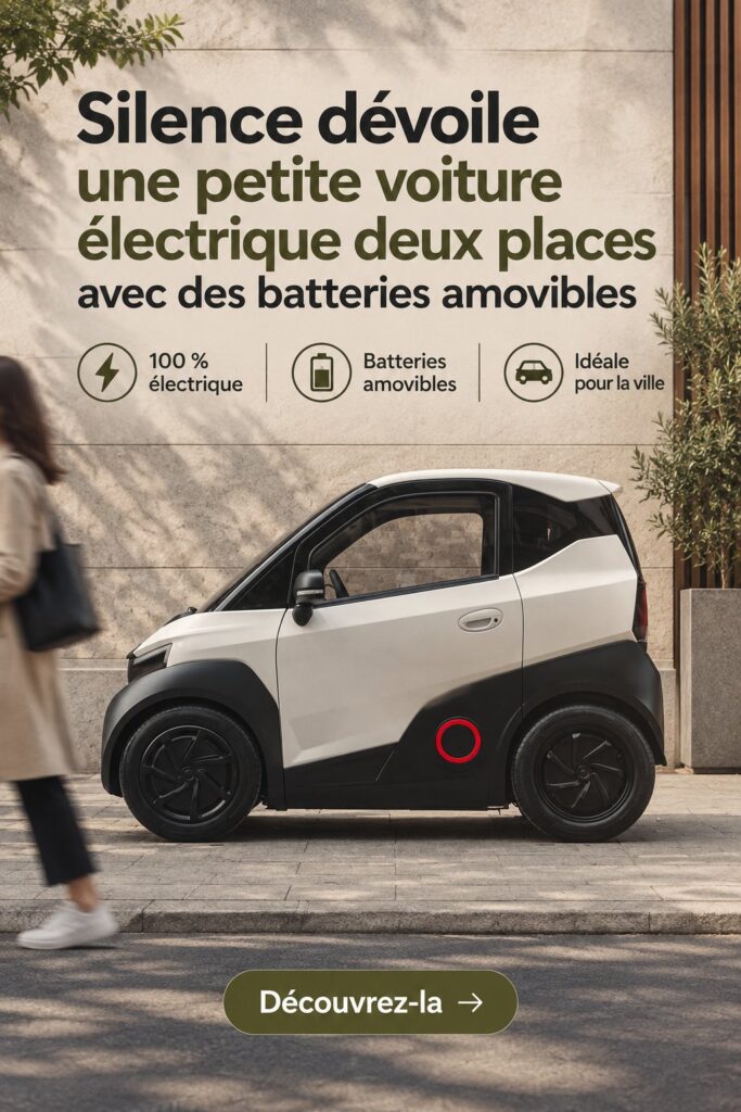 Une voiture électrique à deux places de Silence avec batteries amovibles, sur fond urbain.