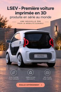 Voiture électrique élégante imprimée en 3D, représentant l'avenir de l'automobile durable.