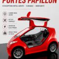 Voiture électrique aux portes papillon sur fond urbain, symbole d'innovation et d'écoresponsabilité.