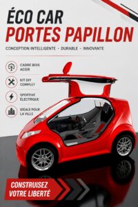 Voiture électrique aux portes papillon sur fond urbain, symbole d'innovation et d'écoresponsabilité.