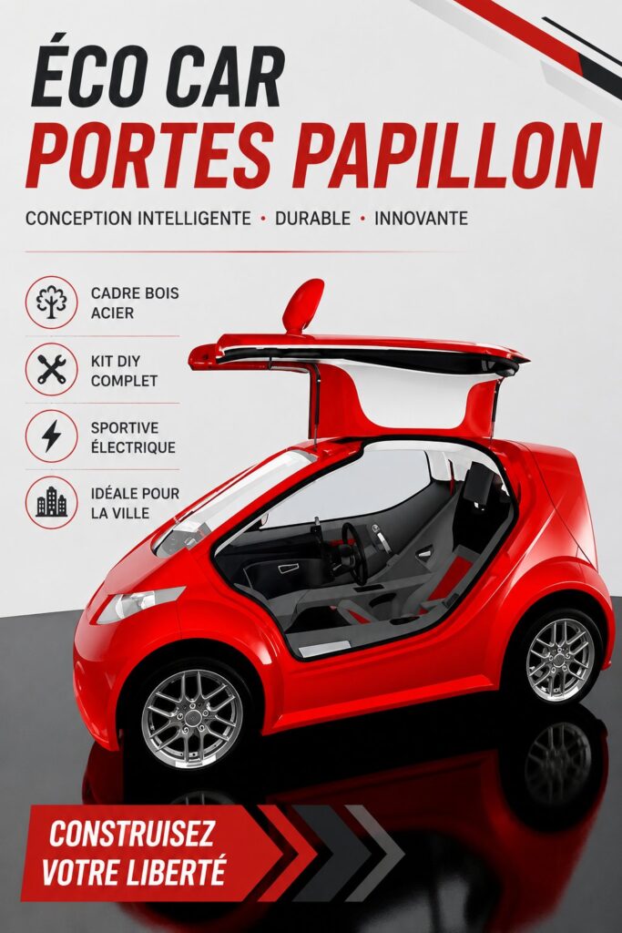 Voiture électrique aux portes papillon sur fond urbain, symbole d'innovation et d'écoresponsabilité.