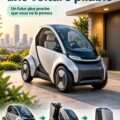 Une voiture pliable futuriste garée dans un environnement urbain.