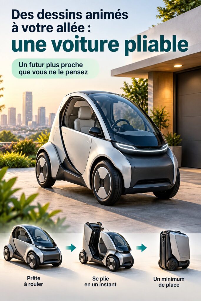 Une voiture pliable futuriste garée dans un environnement urbain.