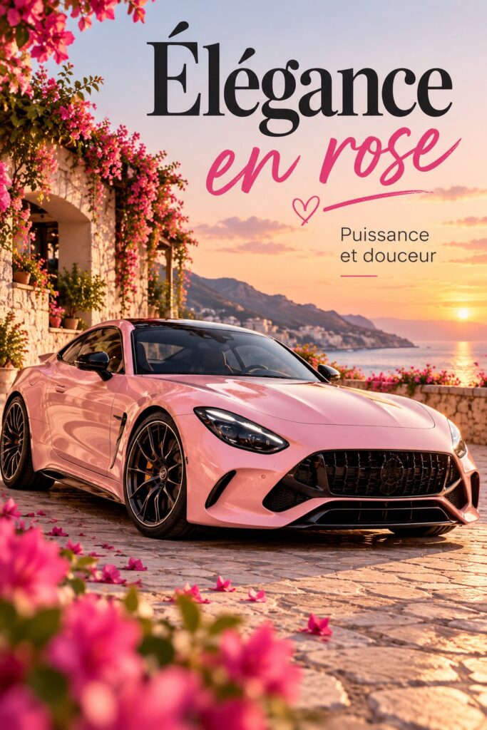 Une Mercedes rose électrique stationnée, alliant élégance et modernité.