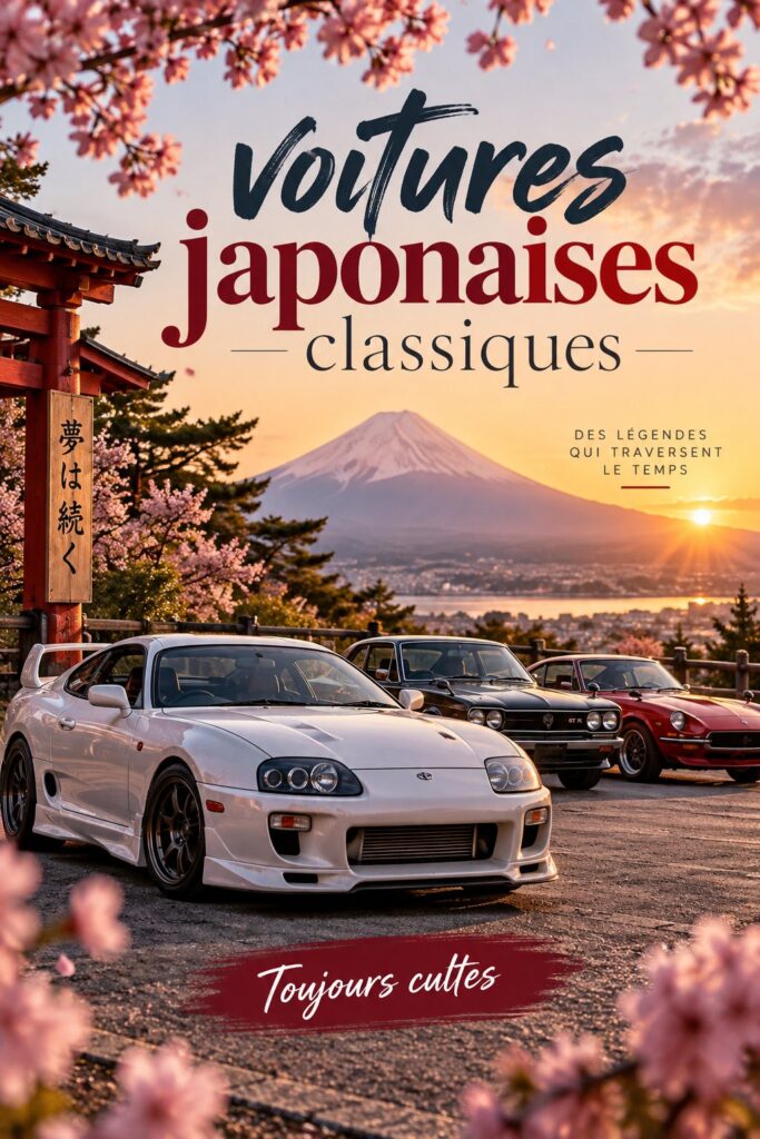 Une voiture japonaise classique garée au soleil, représentant l'élégance du design automobile.