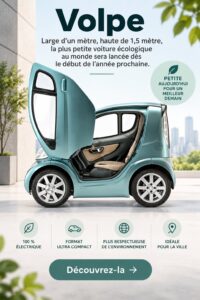 La Volpe, la plus petite voiture électrique au monde, exposée dans un environnement urbain.