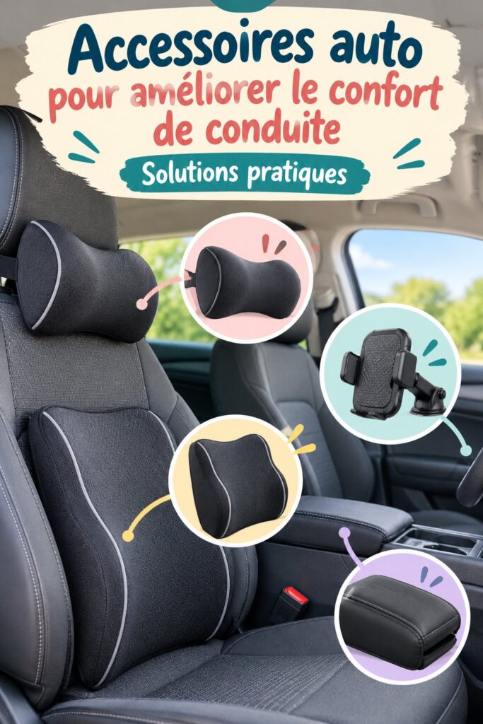 Femme souriante conduisant une voiture équipée d'accessoires modernes pour le confort