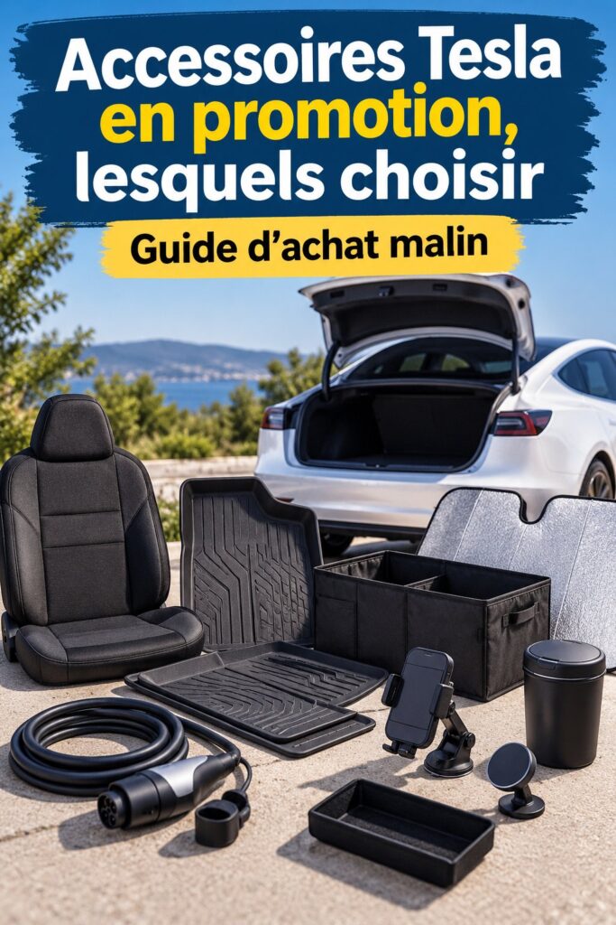 Accessoires Tesla en promotion, montrant une sélection esthétiquement agréable.