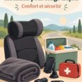 Femme heureuse dans une voiture avec des accessoires de voyage autour d'elle.