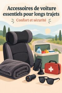 Femme heureuse dans une voiture avec des accessoires de voyage autour d'elle.