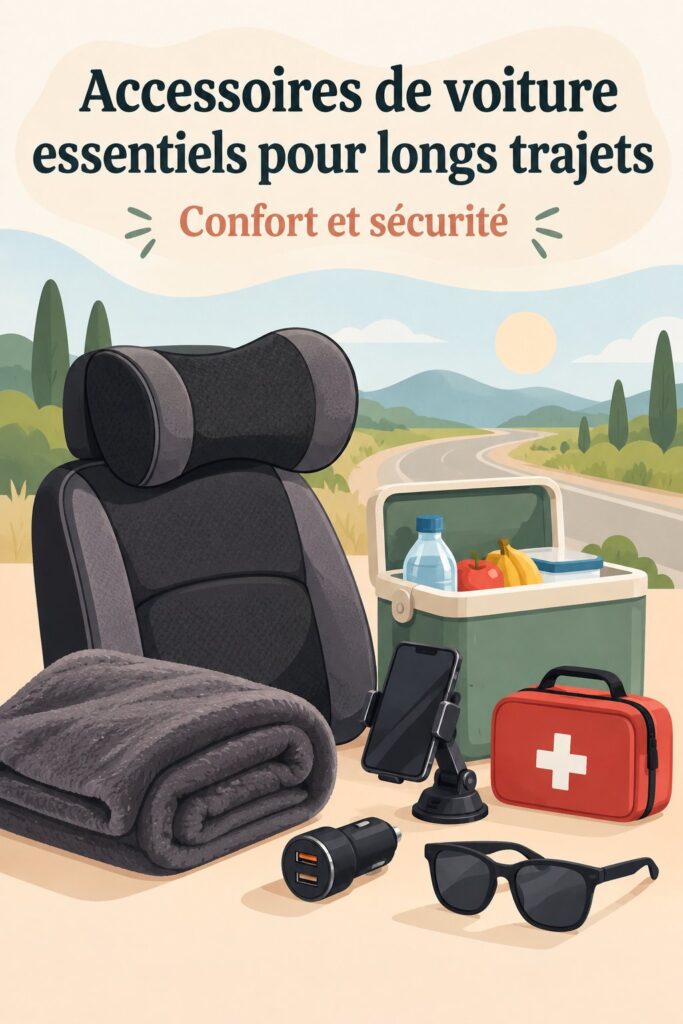 Femme heureuse dans une voiture avec des accessoires de voyage autour d'elle.