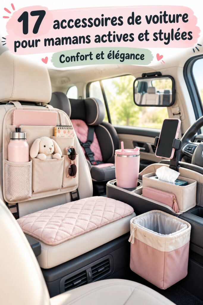 Illustration d'une voiture élégamment équipée d'accessoires pratiques pour mamans
