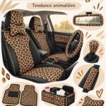 Accessoires voiture motif léopard, incluant coffre et housse de siège pour un style audacieux