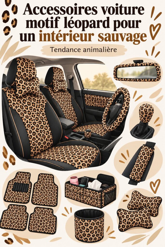 Accessoires voiture motif léopard, incluant coffre et housse de siège pour un style audacieux