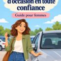 Femme examinant une voiture d'occasion avec un vendeur.