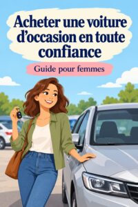 Femme examinant une voiture d'occasion avec un vendeur.