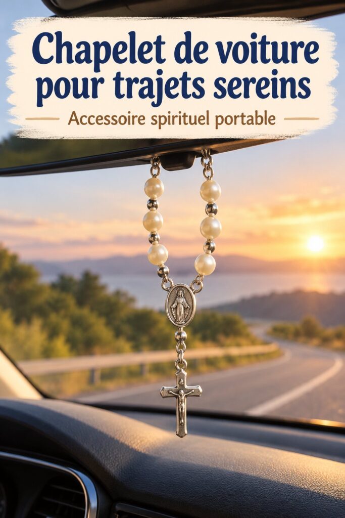 Chapelet de voiture suspendu dans un véhicule, symbole de sérénité