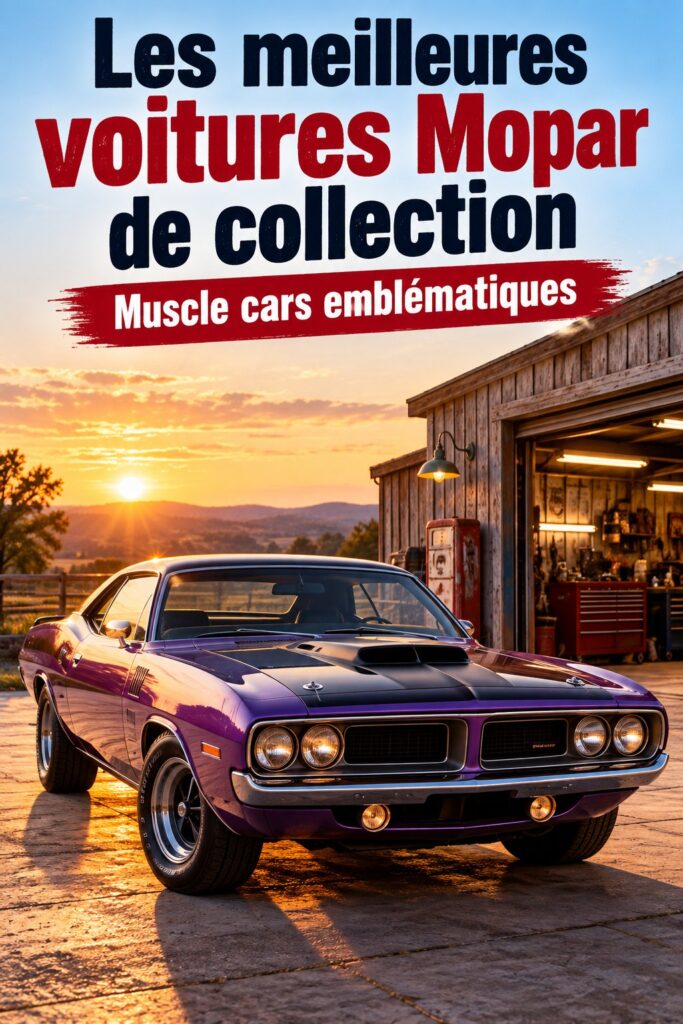 Une voiture Mopar emblématique sur une route pavée, mise en valeur par son design distinctif.