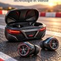Écouteurs au design automobile élégants, inspirés par les voitures sportives.