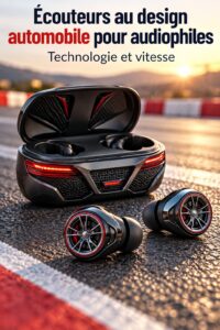 Écouteurs au design automobile élégants, inspirés par les voitures sportives.