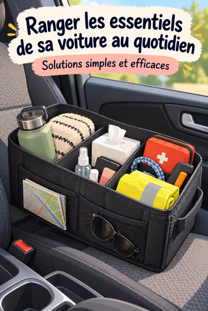 Une voiture bien rangée avec divers essentiels organisés sur le tableau de bord