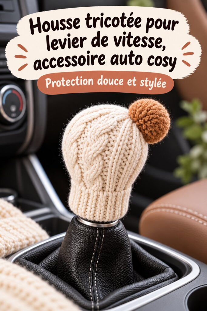 Housse tricotée pour levier de vitesse dans une voiture, ajoutant une ambiance cosy.
