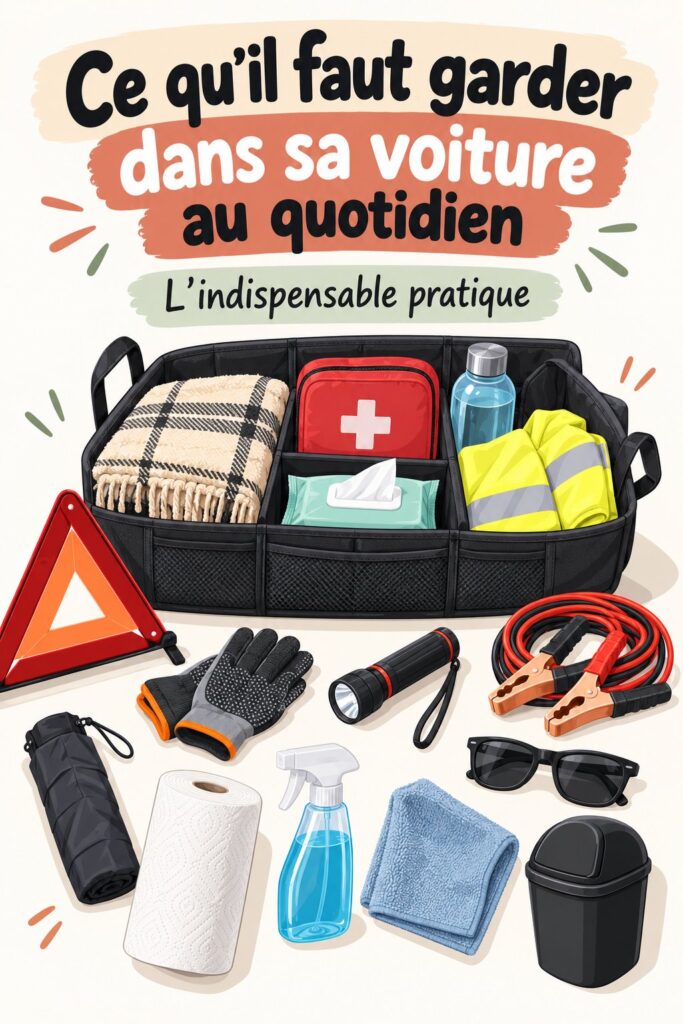 Femme souriante dans une voiture électrique avec des accessoires pratiques autour d'elle.