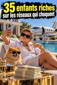 Un groupe de jeunes riches posant avec des voitures électriques dans un cadre luxueux.