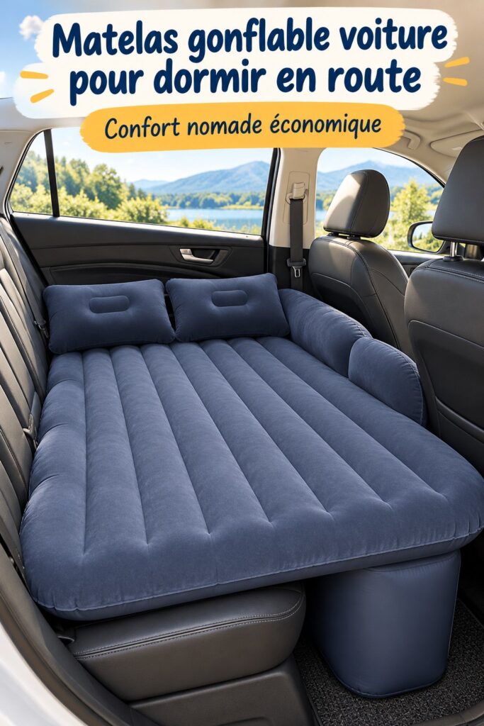 Un matelas gonflable installé dans une voiture pour un sommeil confortable.